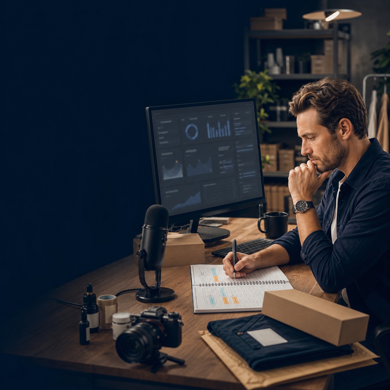 A creator studies analytics at a desk with a microphone, camera, products, and planning notebook.